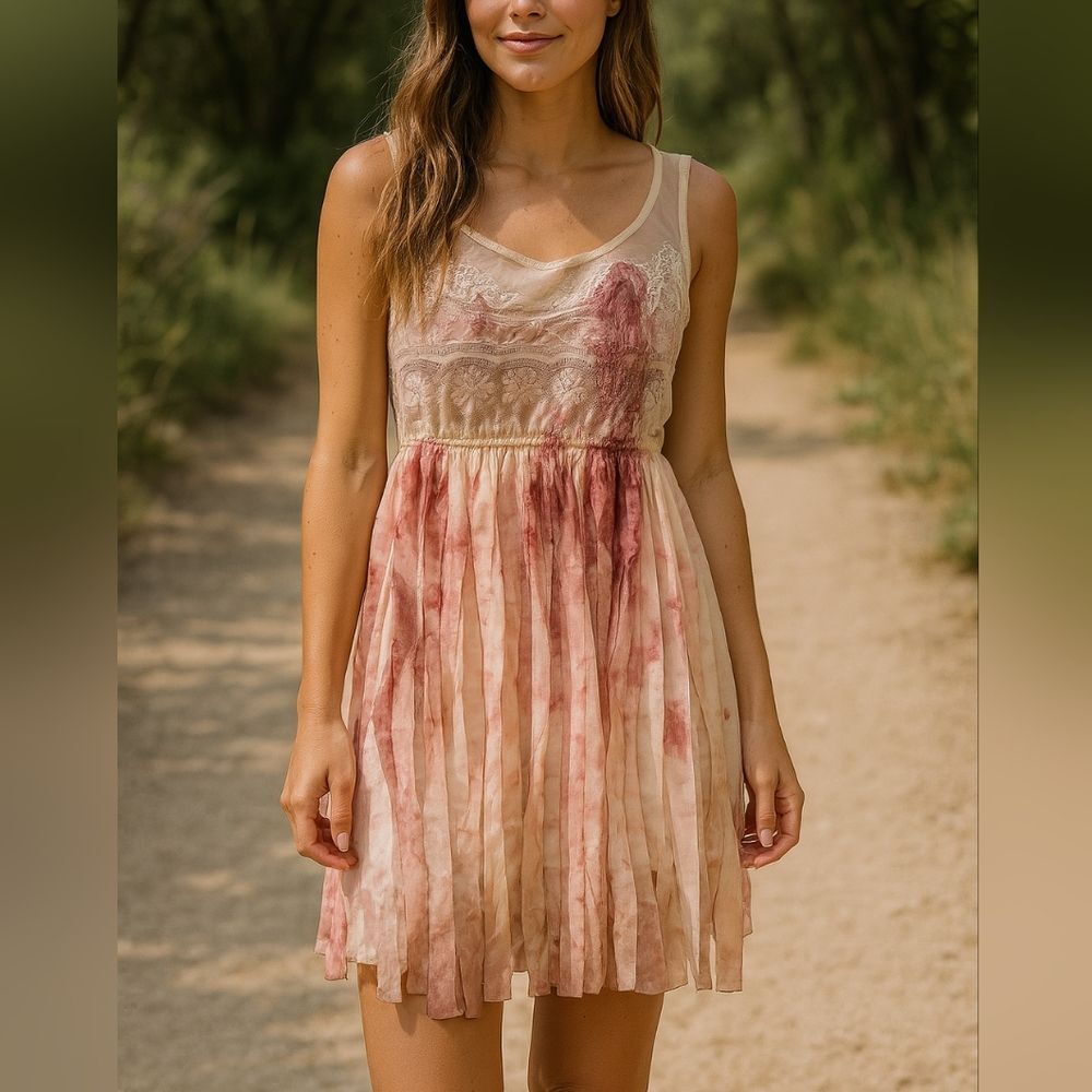 Miss Chevious Tie Dye Lace Mesh Fringe Mini Dress S Pink Cream Boho Fairy Grunge